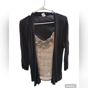 Agenda Petite PM Black Cardigan Top with Beige Patterned Tank Insert